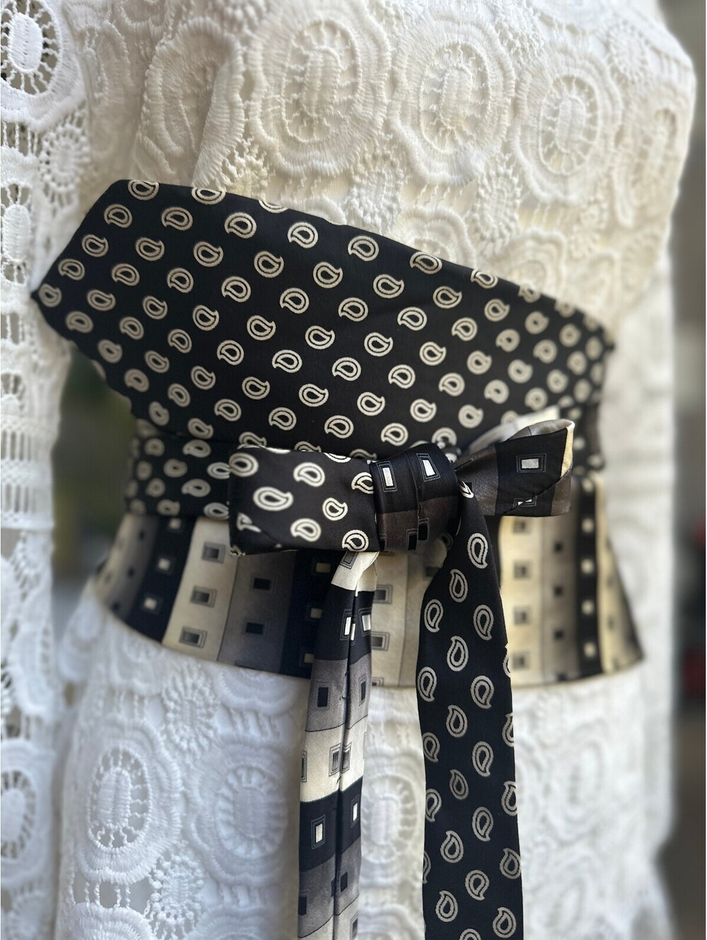 Upcycled Silk Obi Wrap Belt | Corset Waist Belt | OOAK | Black Paisley Abstract